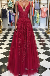 A Line V Neck Burgundy Lace Prom Dresses, Wine Burgundy Lace Formal Evening Dresses